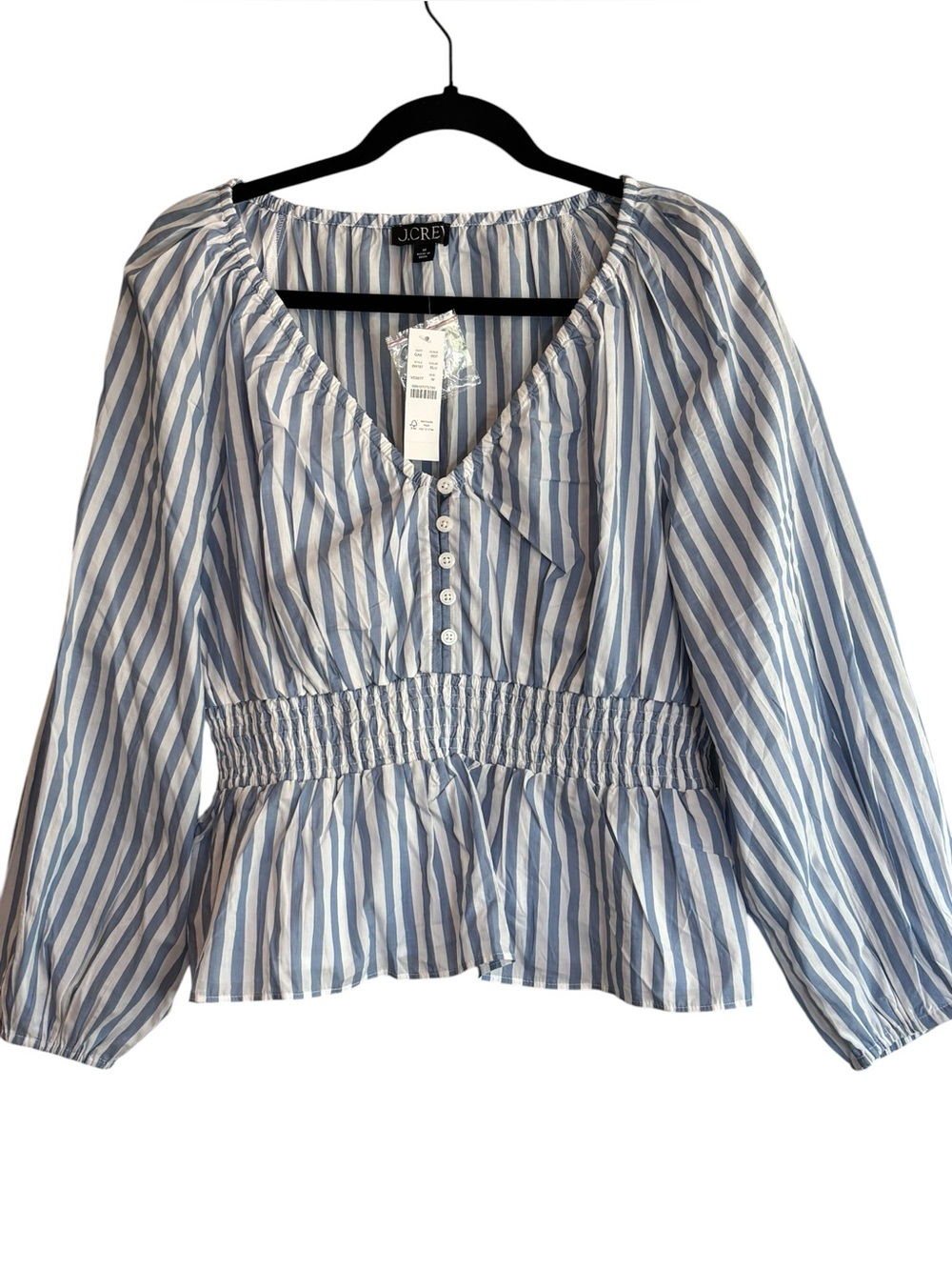 J.Crew NWT Blue White Striped Smocked Cotton Peplum Blouse Size Medium NEW - Picture 2 of 12